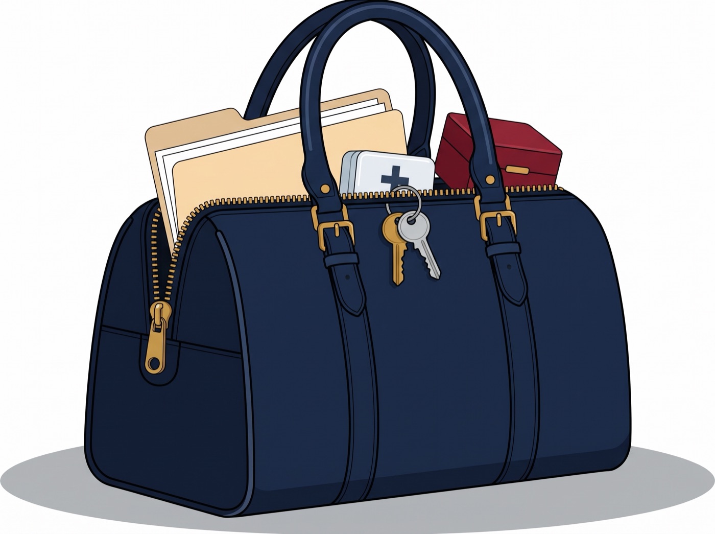 Gezeichnete Handtasche mit Dokumentenmappe, Medikamentendose, Schmuckkästchen und Schlüsselbund.